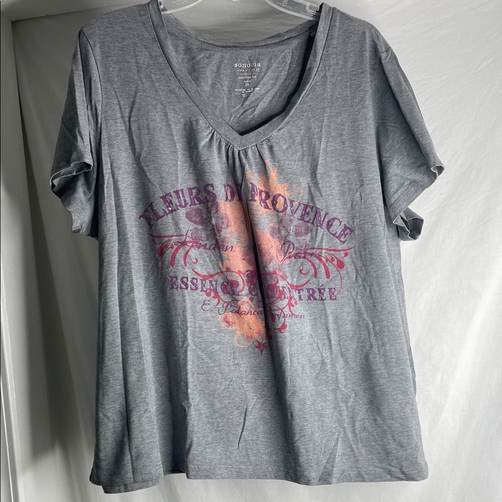 Sonoma Gray V-Neck Tee with Pink & Peach Floral Graphic